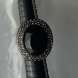 Stunning Black Onyx Ring Silver Tone Adjustable Band‎ Women's Statement